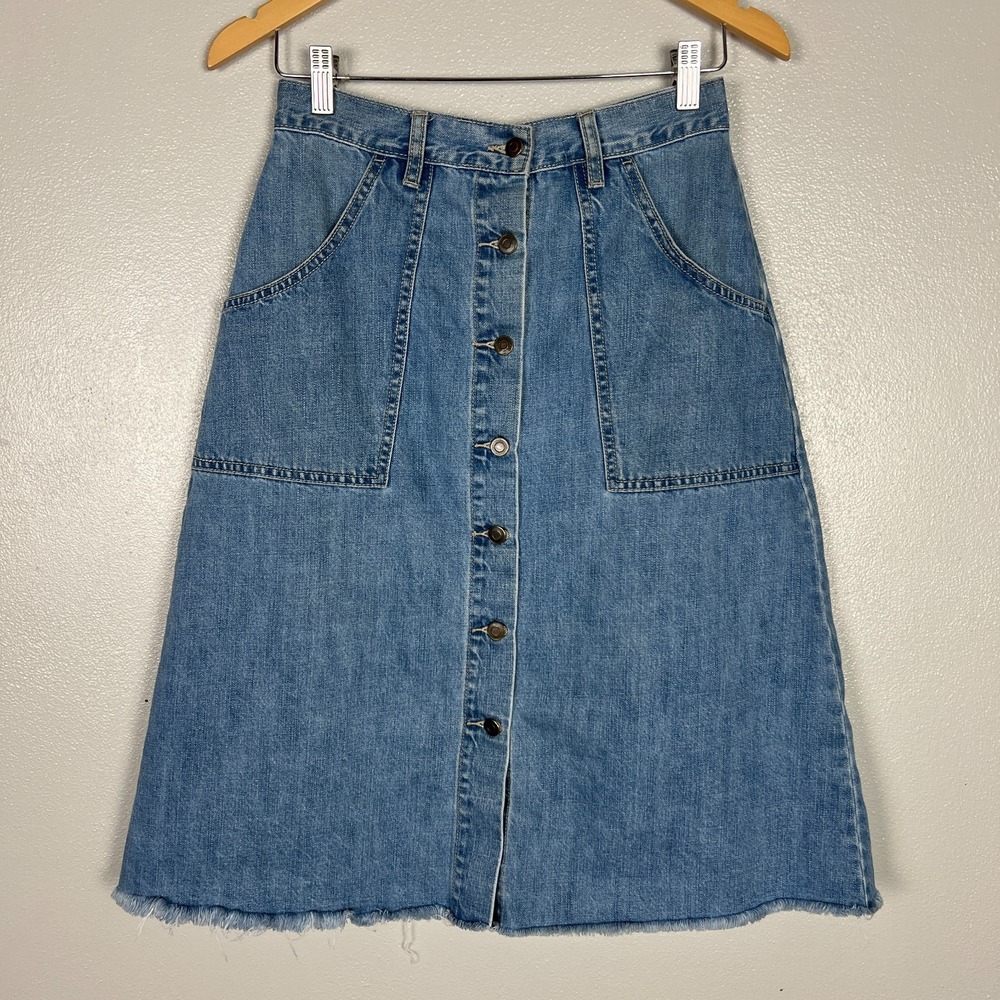 Free People Denim Skirt Womens 6 Blue Jean Button Front Frayed Trim Pockets Boho